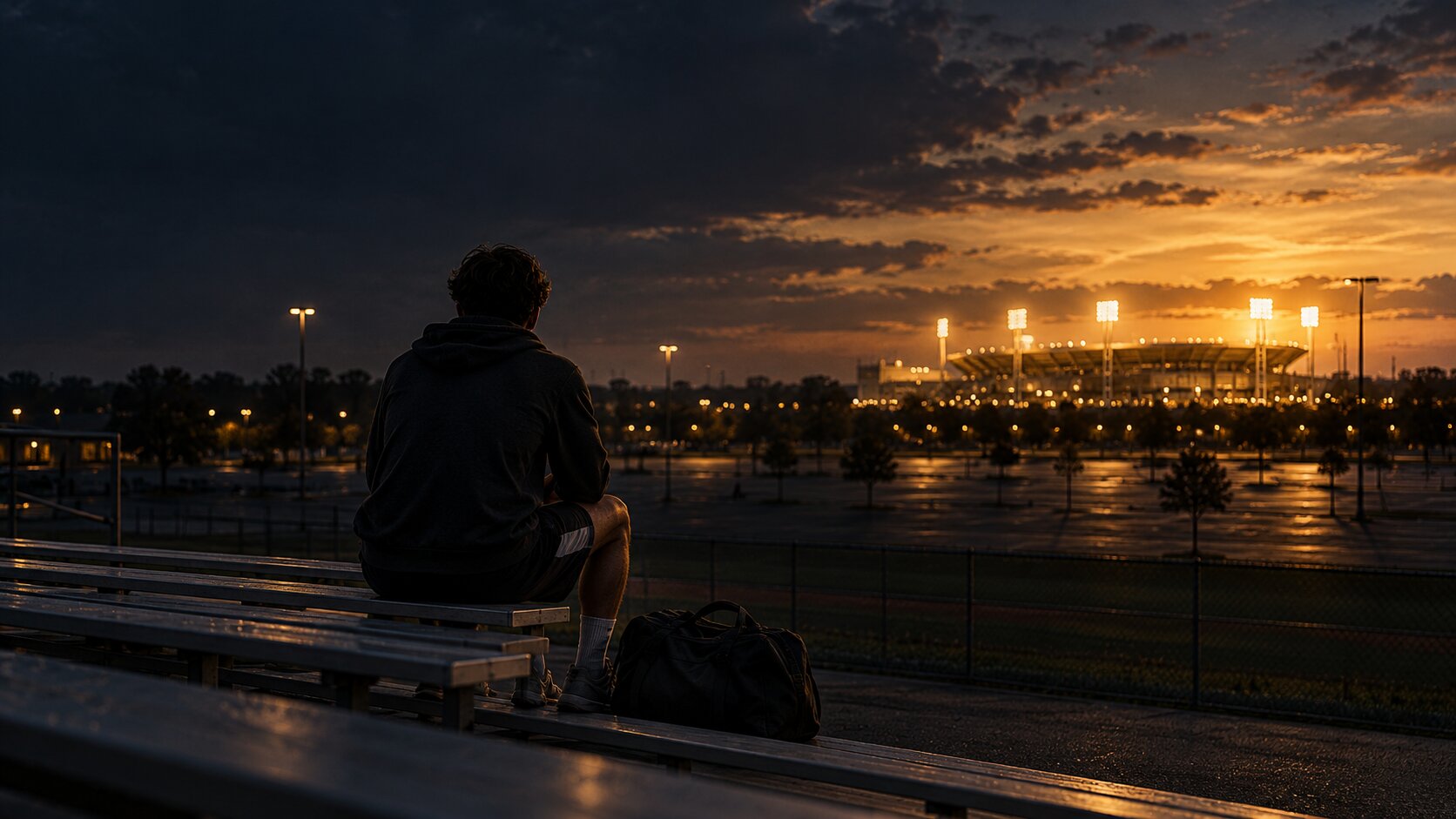 Teen athlete sitting alone on empty bleachers at dusk, looking toward a distant lit college stadium.